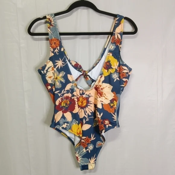 🦋 Quiksilver Tie Front One Piece Swimsuit Dark Denim Large NWT - Picture 4 of 13